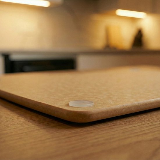 Dichtbij van de bruine Woodlie snijplank met een antislipvoetje.