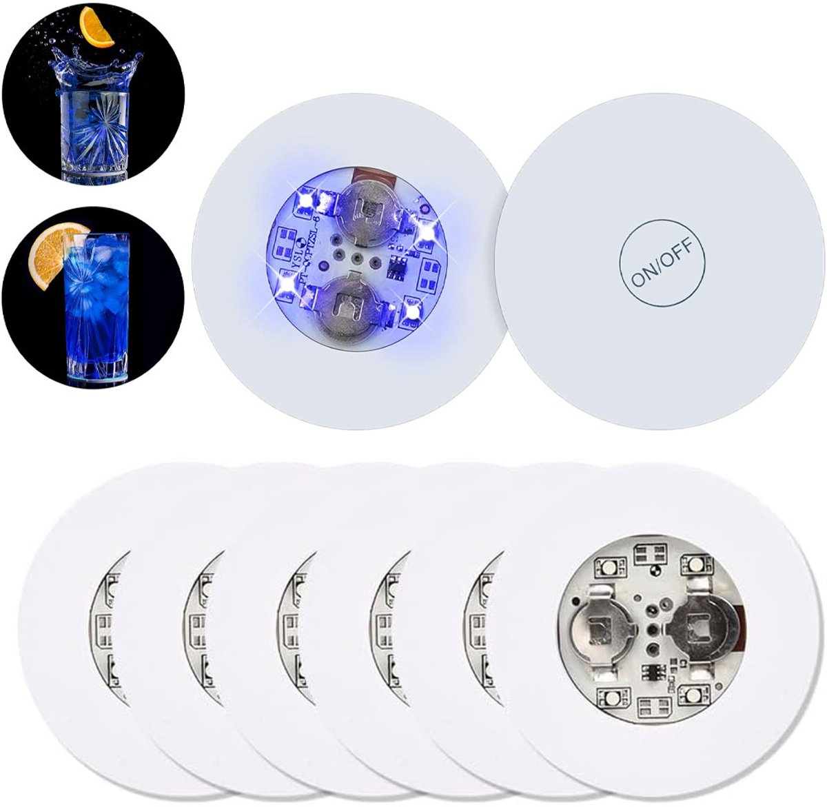 LED Onderzetter - 8 Stuks - 6 cm Ø - Bottle Light - LED Sticker - LED Licht - Fles Licht - Fles Onderzetter - Glas verlichting - Flessen verlichting - lichtgevende fles - Led flessen onderzetter - Lichtgevende Fles onderzetter - Blauw Licht
