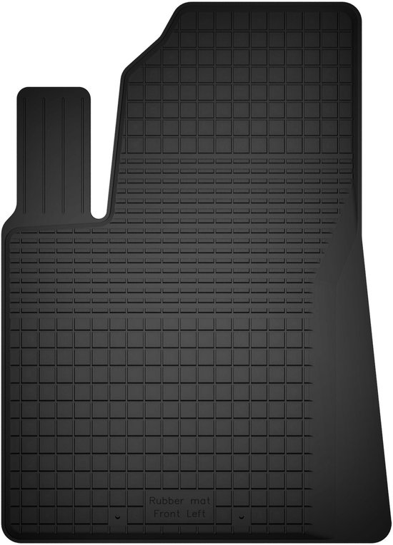 Zwarte rubberen automatt voor bestuurderskant met 1,5 cm rand en "Rubber mat Front left" tekst.