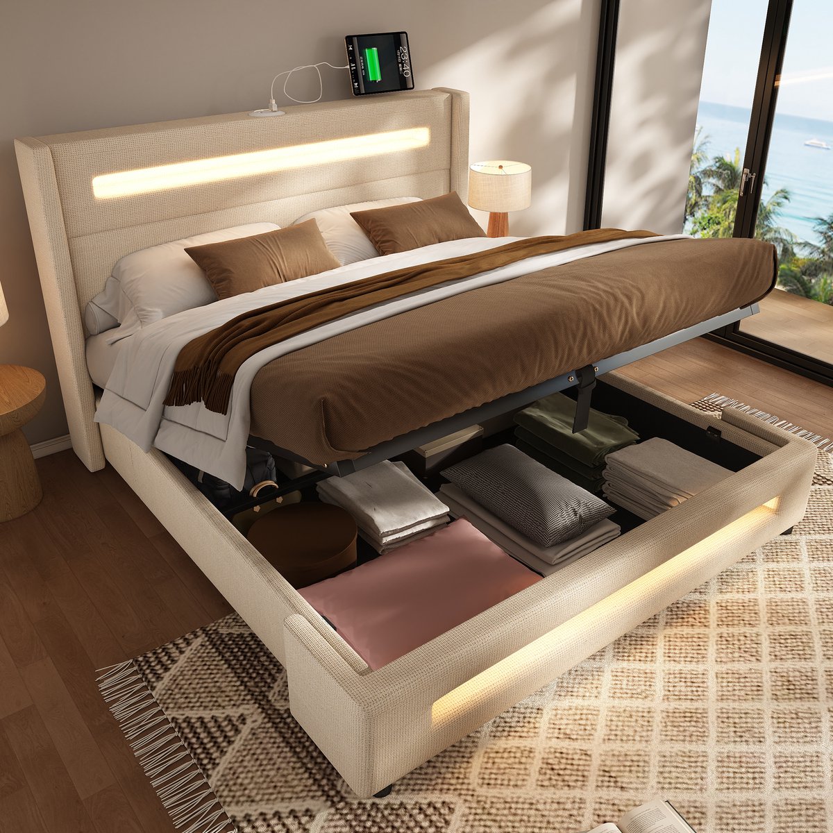 Tweepersoonsbed 140x200 cm - Gestoffeerd Bed Met LED USB-C En Opbergruimte - Linnen - Beige - Zonder Matras