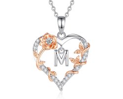 Hanger Muntketting Hart met Letter M in Zilverkleur - Verstelbare Ketting met Zirkonia - Persoonlijk Sieraad Cadeau