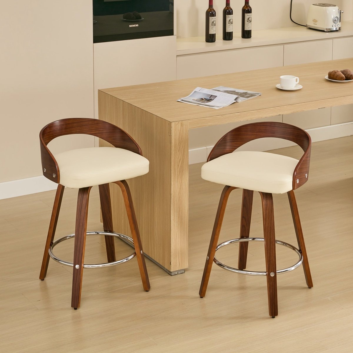 Merax Set Van 2 Draaibare Barkrukken Met Lage Rugleuning – Houten Barstoelen Met Zacht Zitkussen En Kunstleren Zitting – Zittinghoogte 63 Cm – Beige – 48 × 46,5 × 77,5 Cm