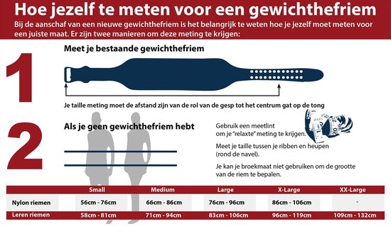 Grafiek in het Nederlands die uitlegt hoe maten voor een gewichthefriem te nemen. Toont een riem en maattabel.