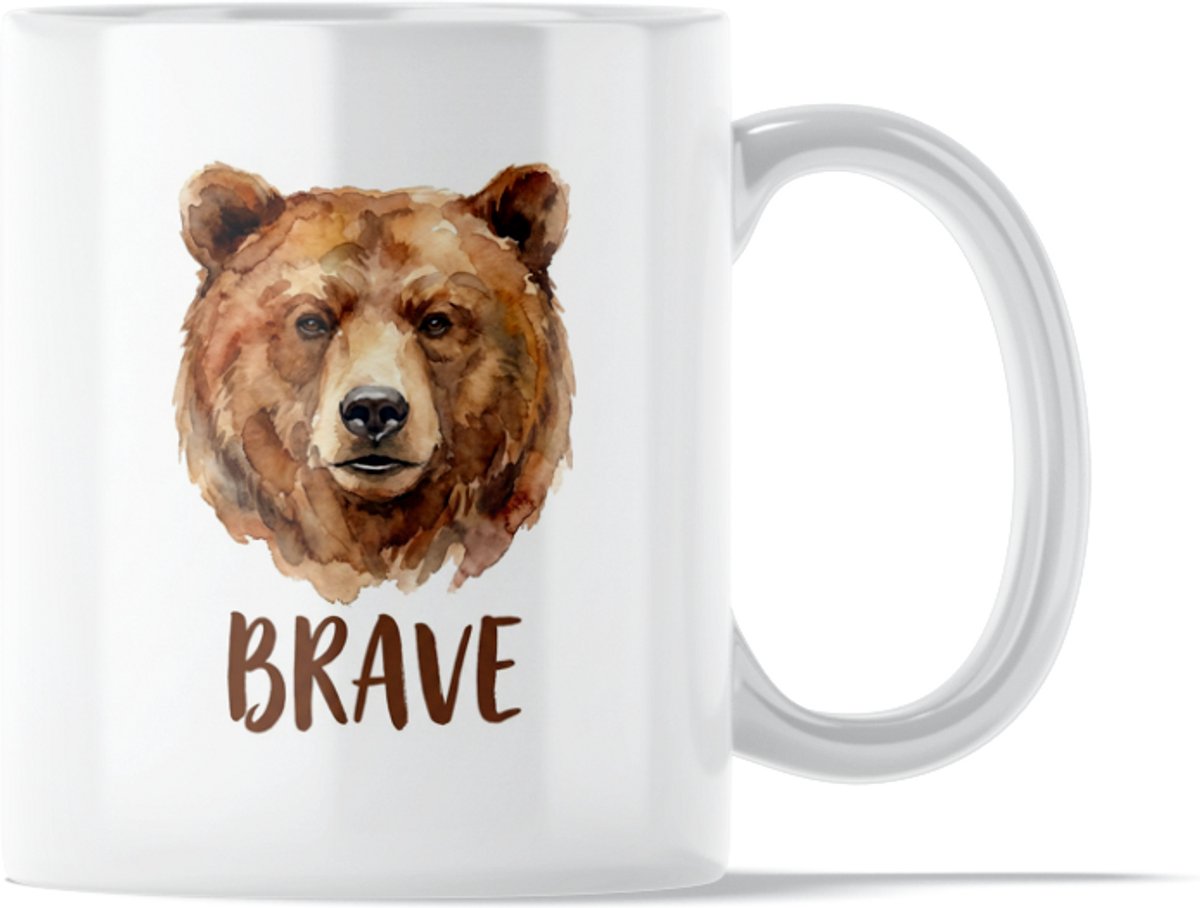 "Aquarel Series" Mok: Brave Bear - Stoere Waterverf Mok met Bruine Beer - Positieve Herinnering Aan Je Eigen Moed en Veerkracht - Dier dat Symbool staat voor Kracht & Natuur - Mooi ValentijnsCadeau voor Vriendin Vrouw of Collega