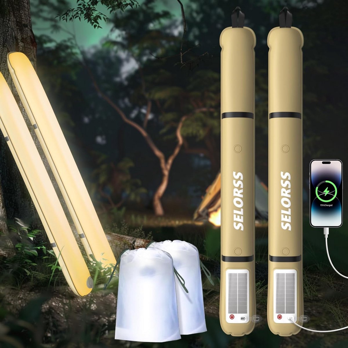 Opblaasbare Campinglamp op Zonne-energie 86cm - Opvouwbaar & Telescopisch LED Licht (2 Stuks)