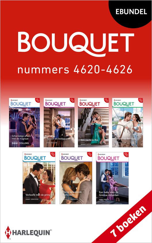 E-bundel met 7 Bouquet romans, nummers 4620-4626, met op de kaften romantische scènes.