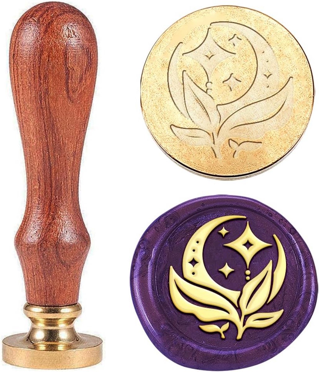 Waxstempel Set Maan met Olijfblad - 25mm Verwisselbare Zegelstempel met Houten Handvat