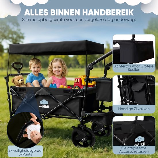 Wölkli opvouwbare Bolderkar met Dak - Kinder Bolderwagen 2 Zitplaatsen - 3-Punts Gordel - Rubber Banden - Rem - Strand & Camping - Zwart bolderwagen kind van Wölkli — afbeelding 5