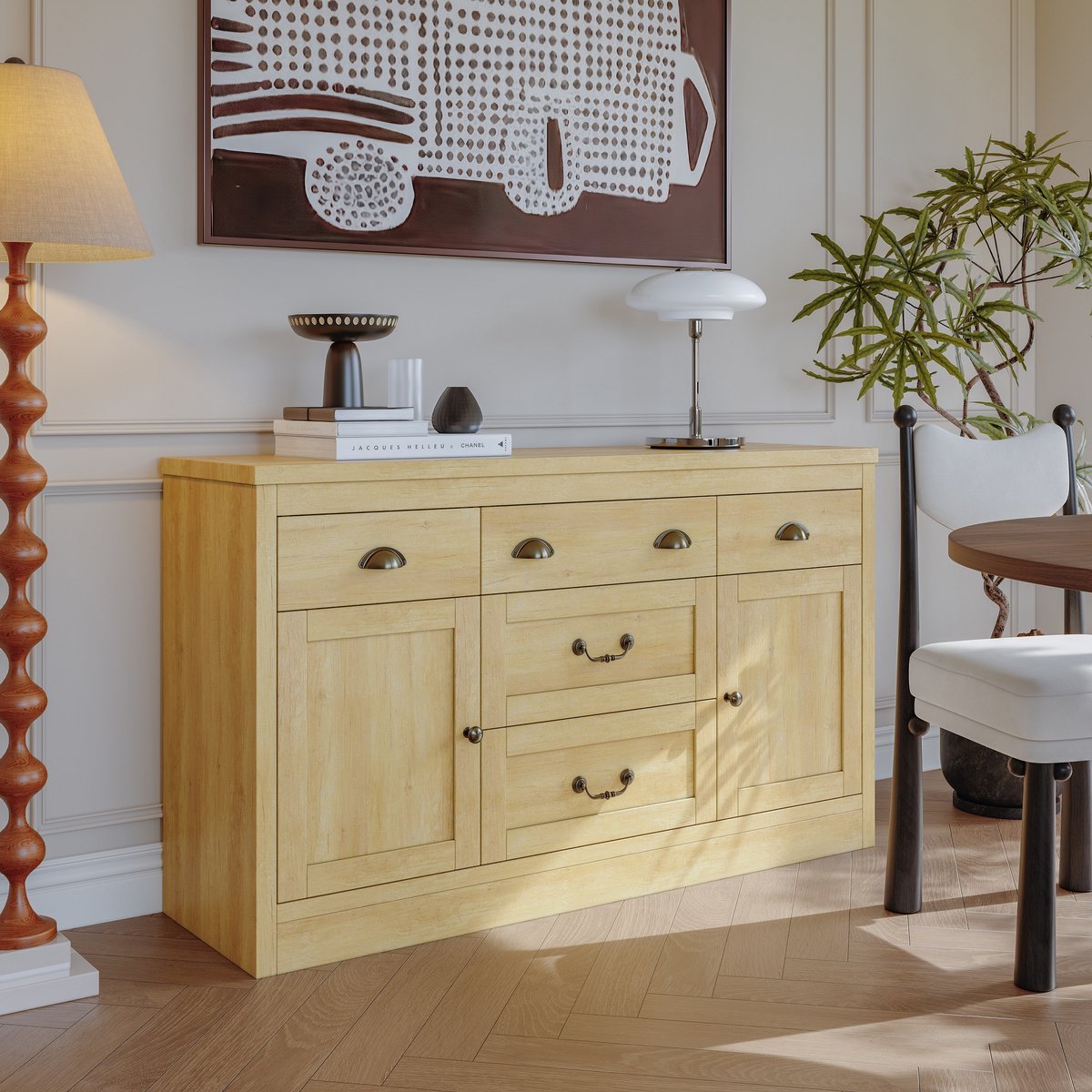 Keukendressoir met 5 lades en 2 deuren, dressoir, opbergkast met deuren en plank, ladekast met 5 deuren en 2 lades, landhuisstijl, voor woonkamer, keuken, 135x39,8x80cm, houtkleur