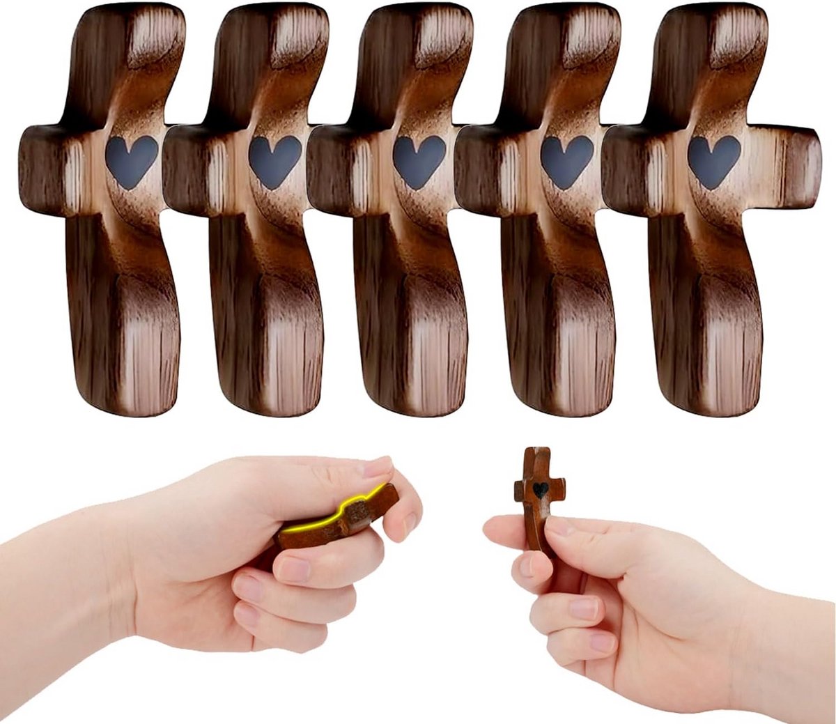 5x Houten Gebedskruis met Hart - Handgemaakt Zakformaat Kruisje voor Ontspanning en Stressverlichting