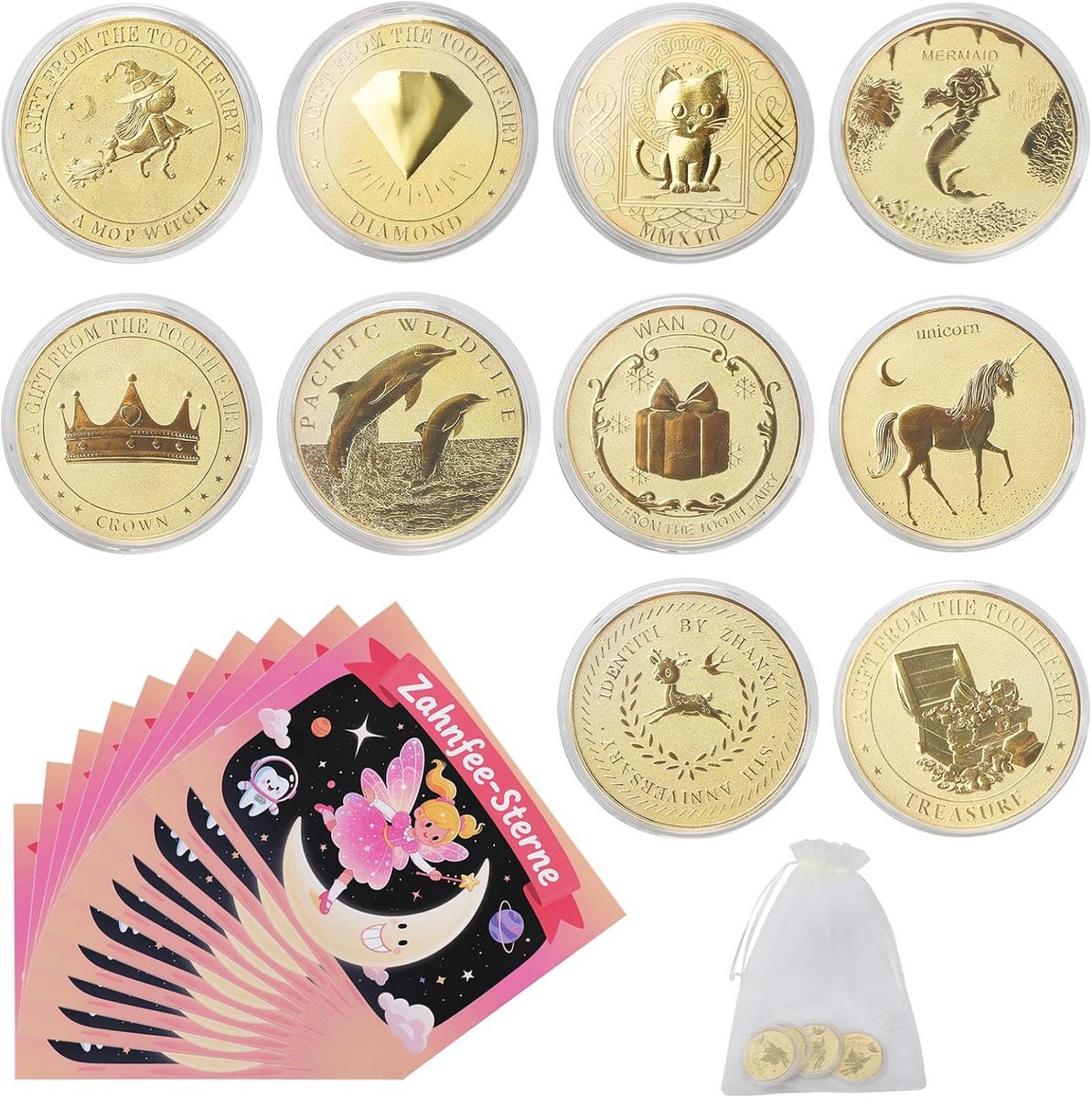 10 Stuks Tandenfee Munten met Certificaten - Goudkleurige Kindergeschenken en Souvenirs