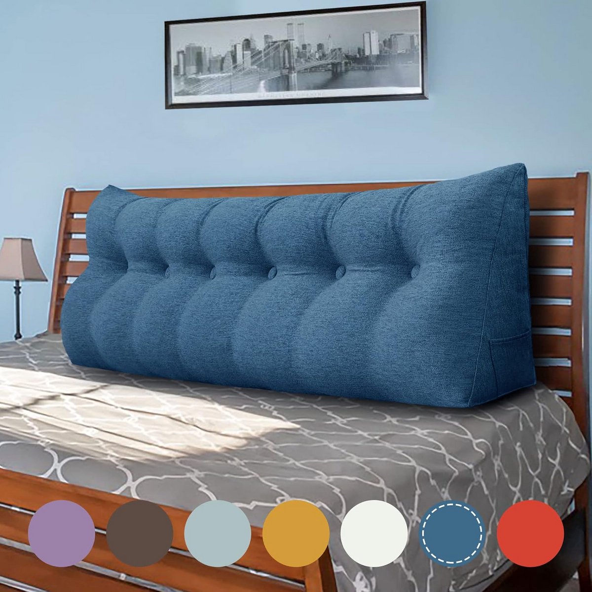 Groot Driehoekig Rugkussen met Gestoffeerde Rugleuning voor Bank en Bed - Blauw Linnen 180cm