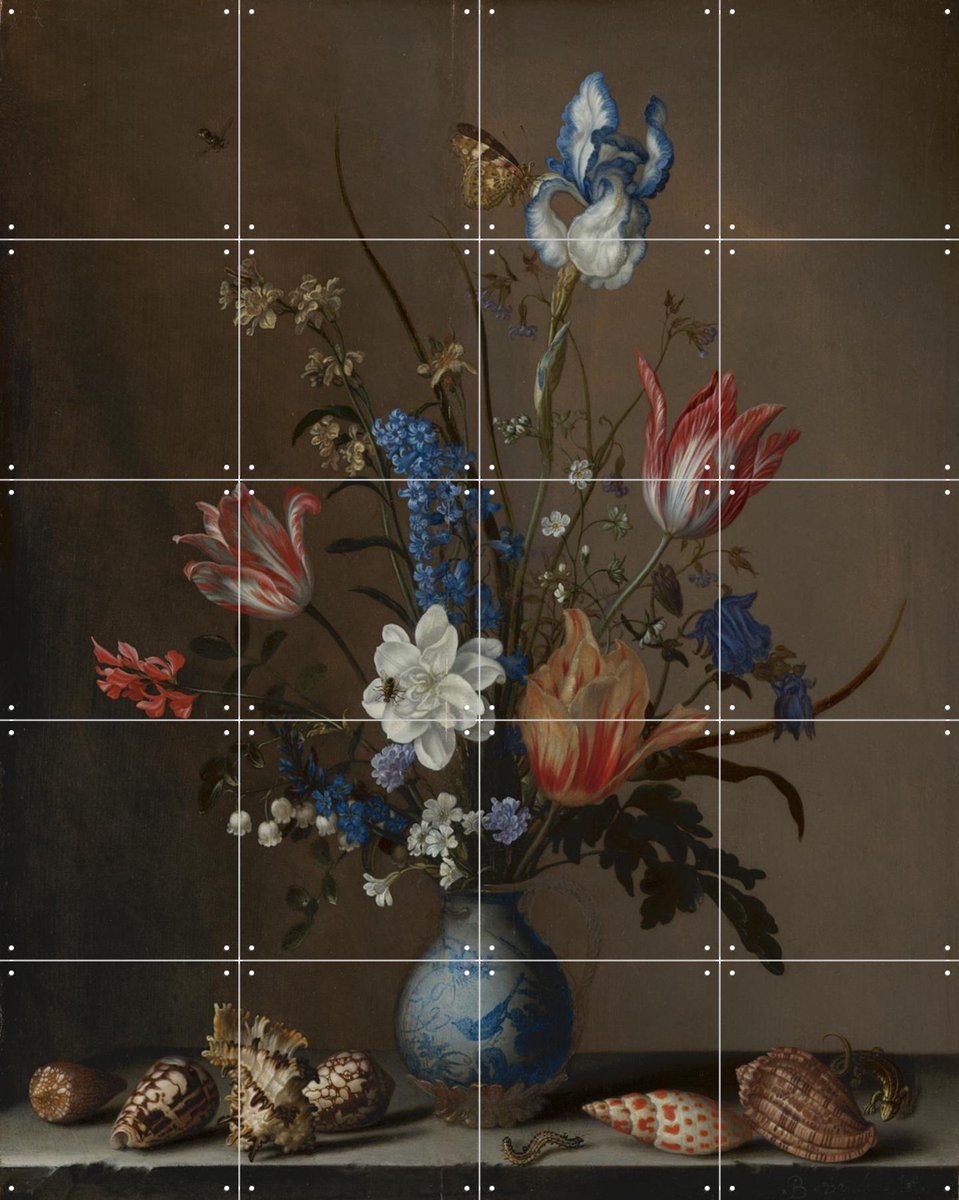 IXXI Bloemen in een Wan-Li vaas en schelpen, Balthasar van der Ast & Mauritshuis - 80 x 100 cm - Gratis ophangtool - Grote wanddecoratie en posters -