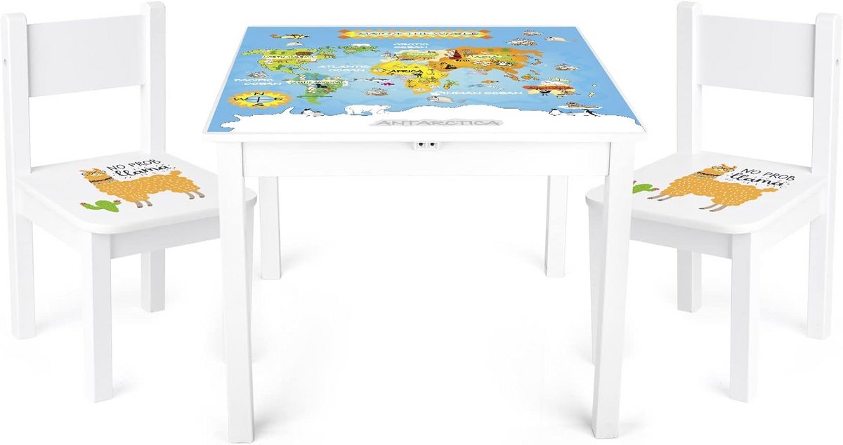 Kindertafel met 2 Stoelen, Wereldkaart Thema Tafelset voor Kinderen