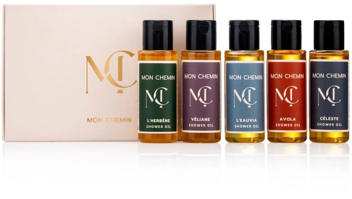 Mon Chemin® Doucheolie Discovery Set – Vijf Miniaturen Doucheolie in Luxe Cadeauverpakking