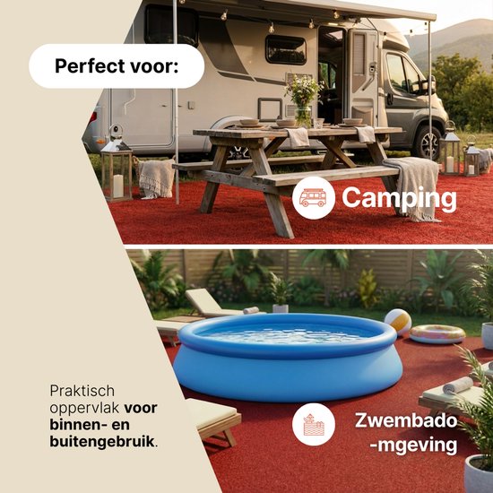 Rode kunstgras bij een camper en een opblaasbaar zwembad.