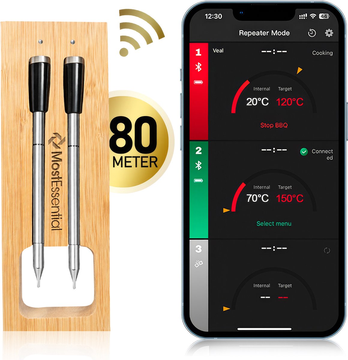 Bol.com MostEssential Smart Vleesthermometer - Draadloos - 80M Bereik - 36 Uur Werktijd - Bluetooth 5.2 - 2000mAh Batterij - Dou... aanbieding
