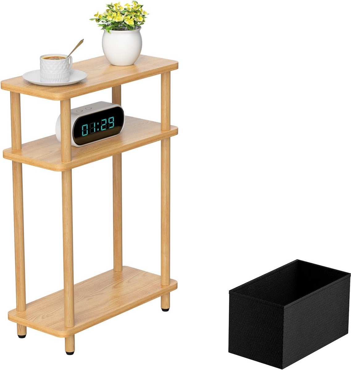 Smalle bijzettafel met opbergmand en houten poten