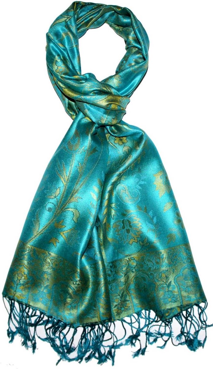 Luxe Heren Sjaal Jacquard Geweven 100% Zijde Paisley Patroon Turquoise & Lichtgroen