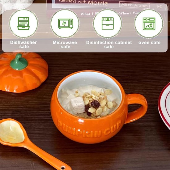 Halloweenmok 300 ml pompoenbeker voor verjaardag en feest - keramisch - herfst - lepel incl. — afbeelding 4