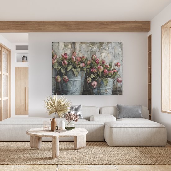 Artaza Canvas Peinture Peinture de Tulipes Rouges dans des Seaux Métalliques avec un Fond Rustique - 120x90 cm - Groot - Décoration Murale Salon - Peintures - Décoration Murale
