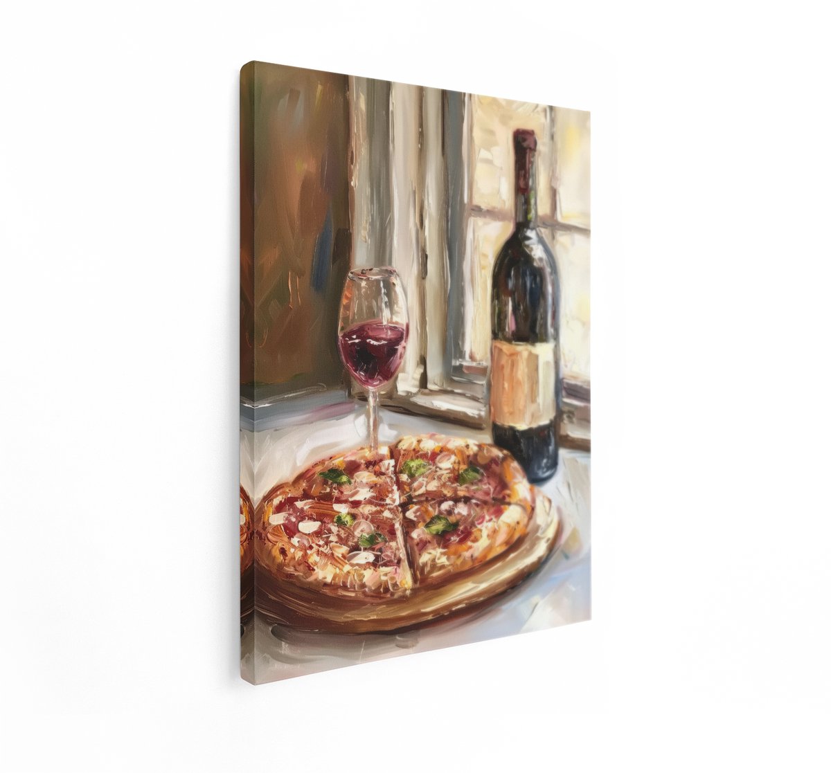 Artaza Canvas Schilderij Pizza En Wijn - 60x80 cm - Wanddecoratie Stilleven - Muurdecoratie Keuken - Decoratie Olieverf Eten