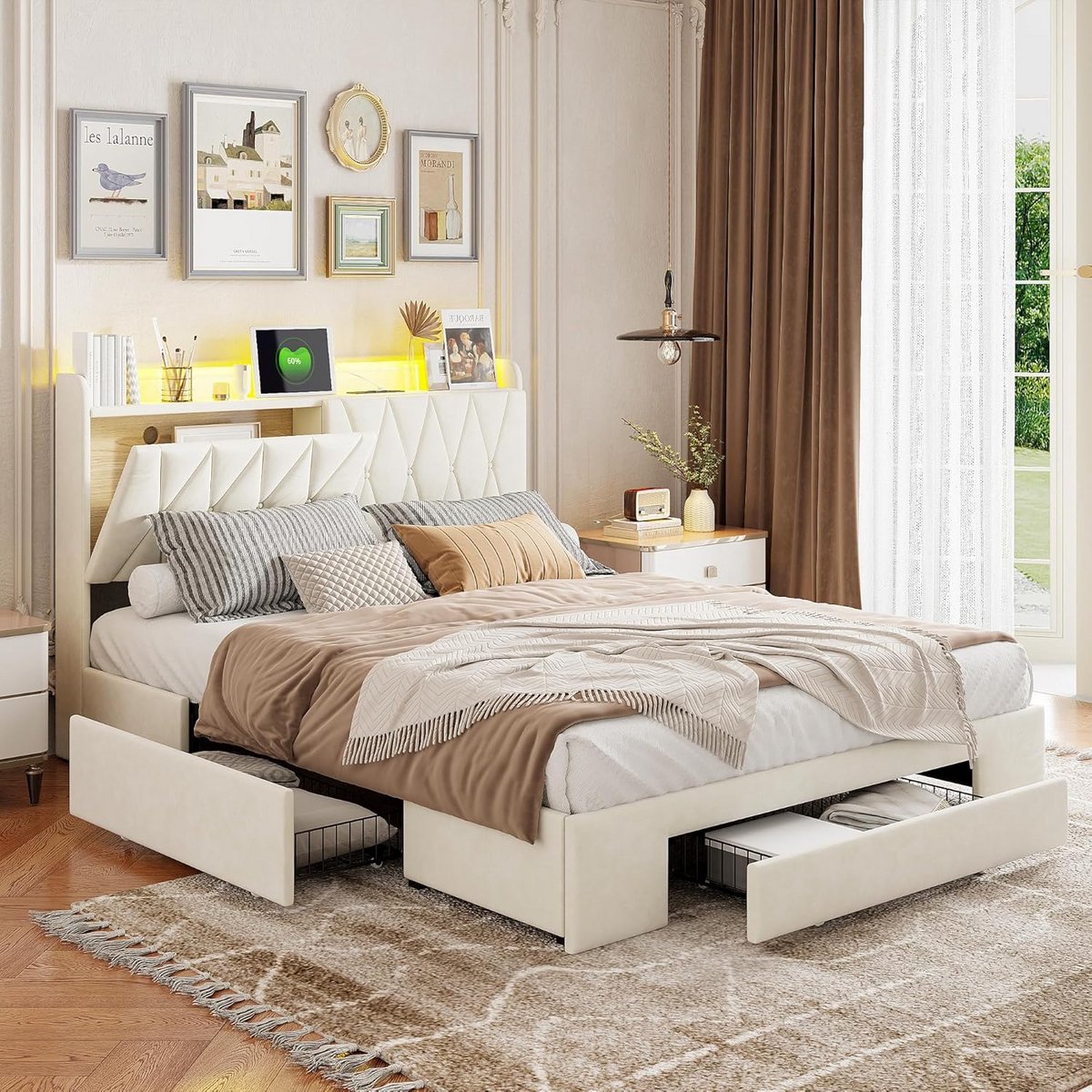 Tweepersoonsbed 160x200 met Opbergruimte, LED-verlichting en USB-oplaadfunctie