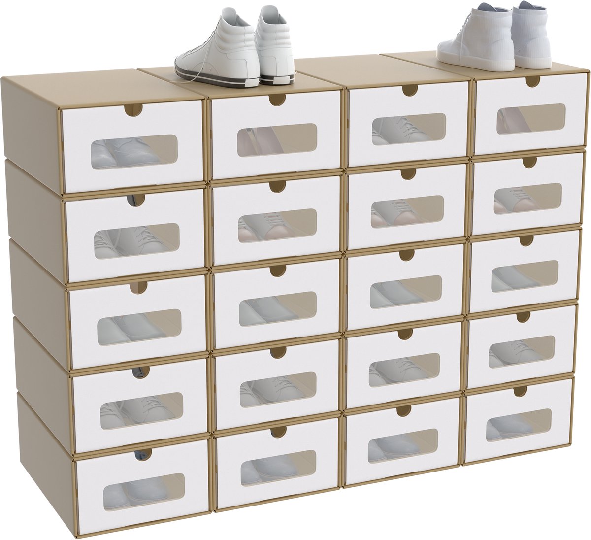 Froadp Set van 20 stapelbare dozen – lade met venster van kraftpapier, schoenen- en speelgoeddoos voor het opbergen van accessoires, 23,5 x 34,5 x 13,5 cm – bruin