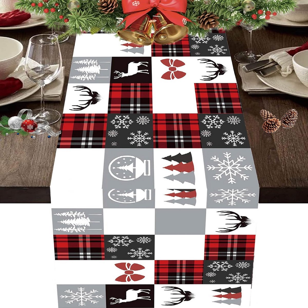 Kerst Tafelloper Rood Zwart Geruit Katoen Linnen Tafeldecoratie 180x30 cm