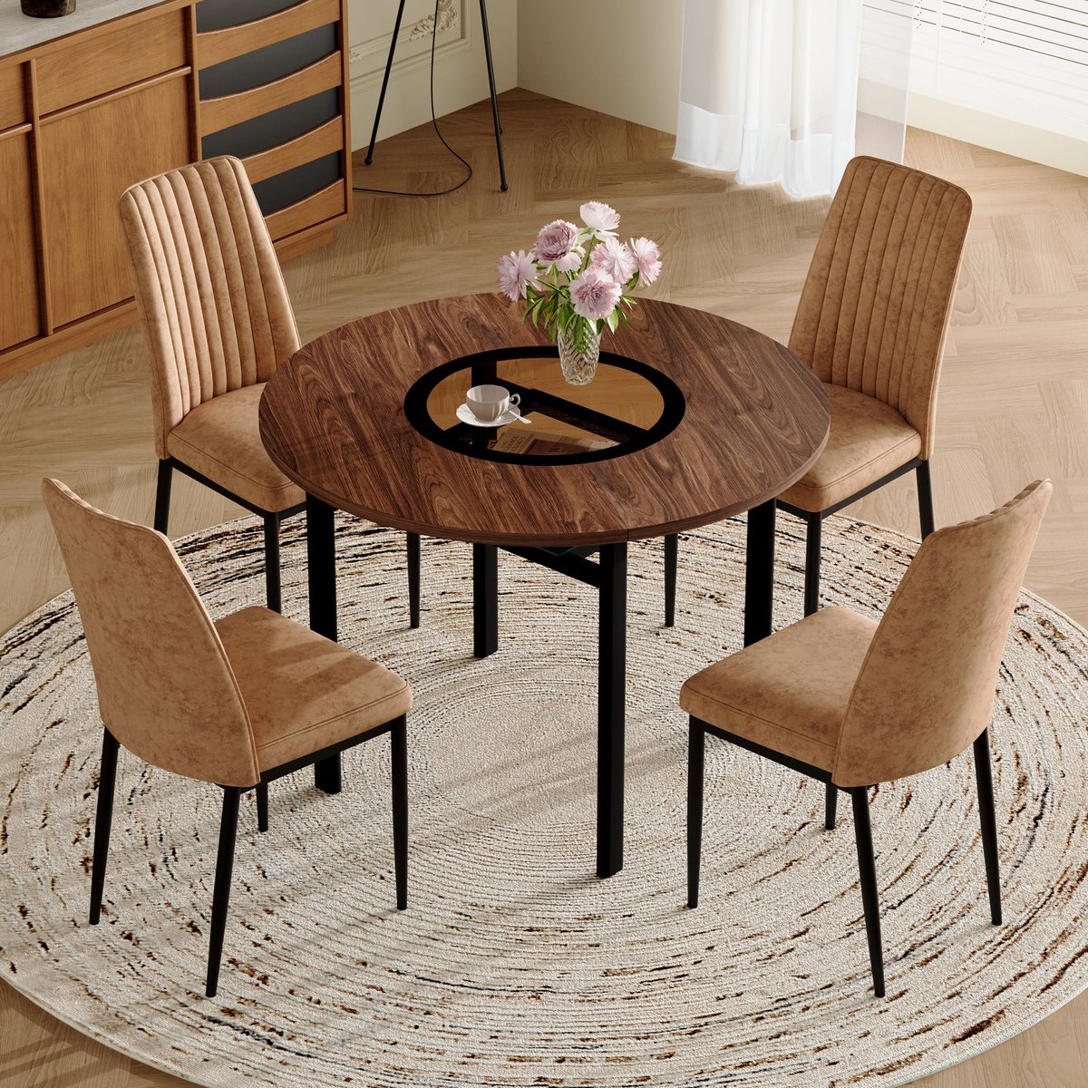 Merax Ronde Eettafel Met Veiligheidsglas En 4 Eetkamerstoelen - 100 Cm - Bruin Zwart