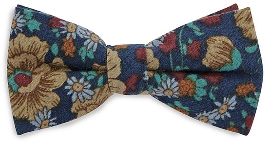 Strik met een donkerblauwe achtergrond en een bloemenprint in geel, rood, oranje en wit.