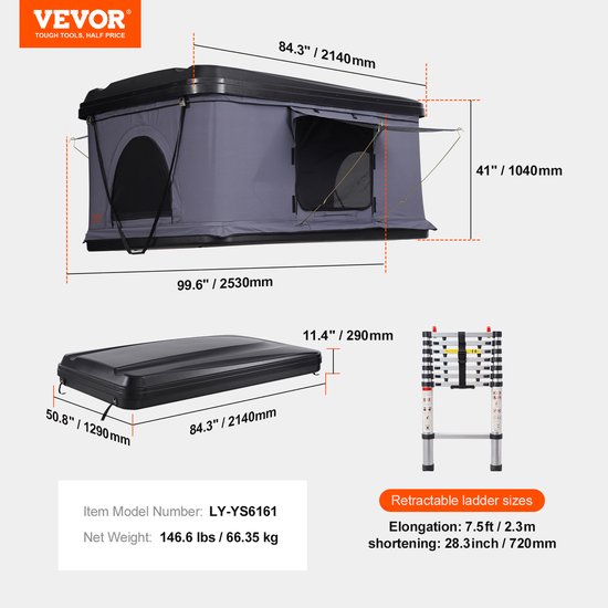 VEVOR daktent harde schaal 2-3 personen waterdicht voor Jeep SUV vrachtwagenladder — afbeelding 3
