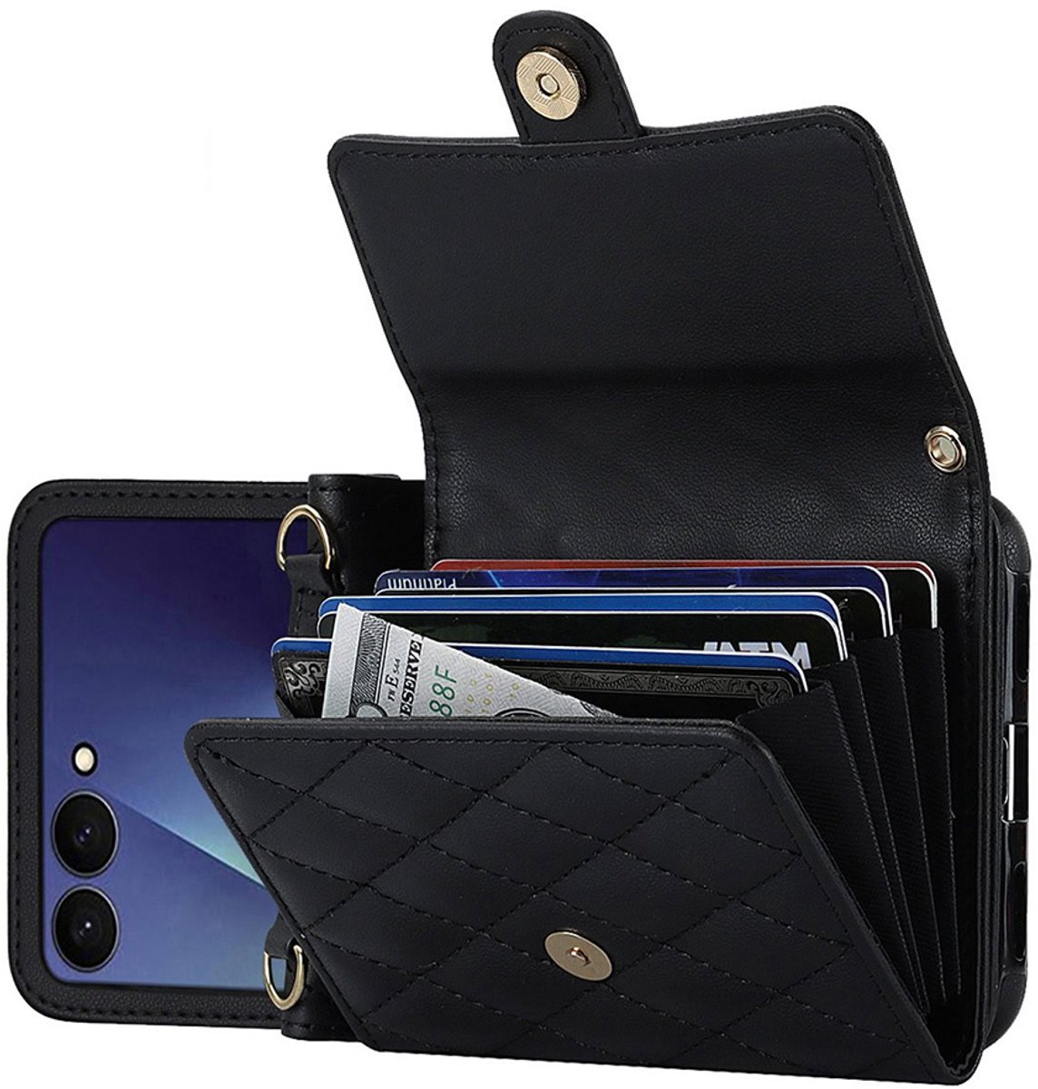 CaseBoutique Koord hoesje geschikt voor Samsung Galaxy Z Flip 7 - Zwart - Pasjeshouder - Telefoonkoord - Gestikt Diamantpatroon - Quilted