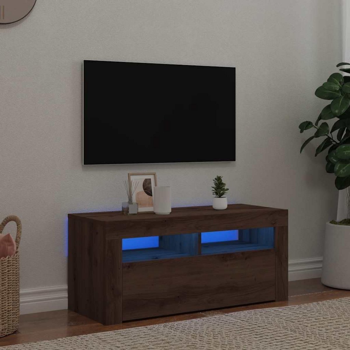 TV Meubel met LED Verlichting 90x35x40cm Gesneden Hout Rustiek Eiken