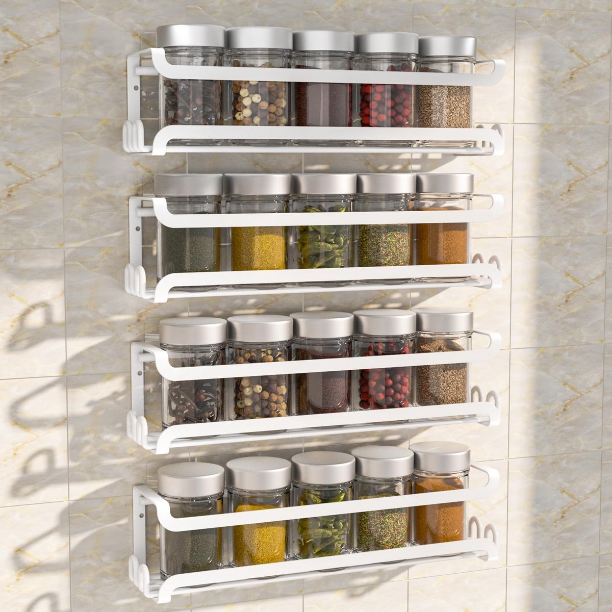 Wandgemonteerd Kruidenrek 4-Pack met 16 Haken - OpbergOrganizer voor Kastdeur of Muur