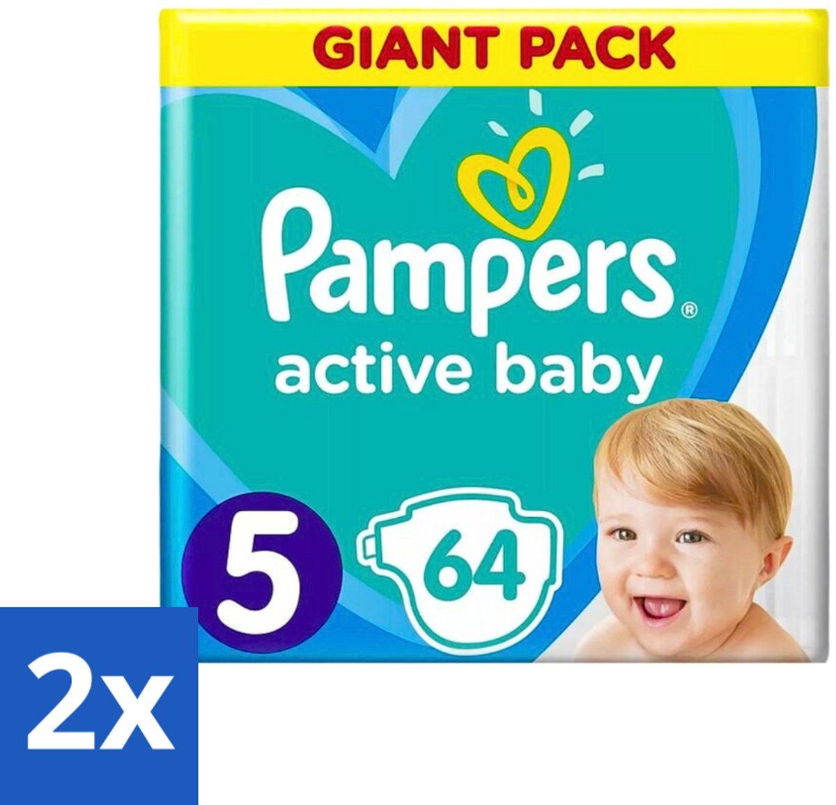 2 x Pampers - Active Baby - Luiers - Maat 5 (11-16 kg) - Zachte Pasvorm - 64 Luiers - Pampers Active Baby - Luiers Maat 5 - Babyluiers - Zachte Pasvorm - Luchtdoorlatende Luiers