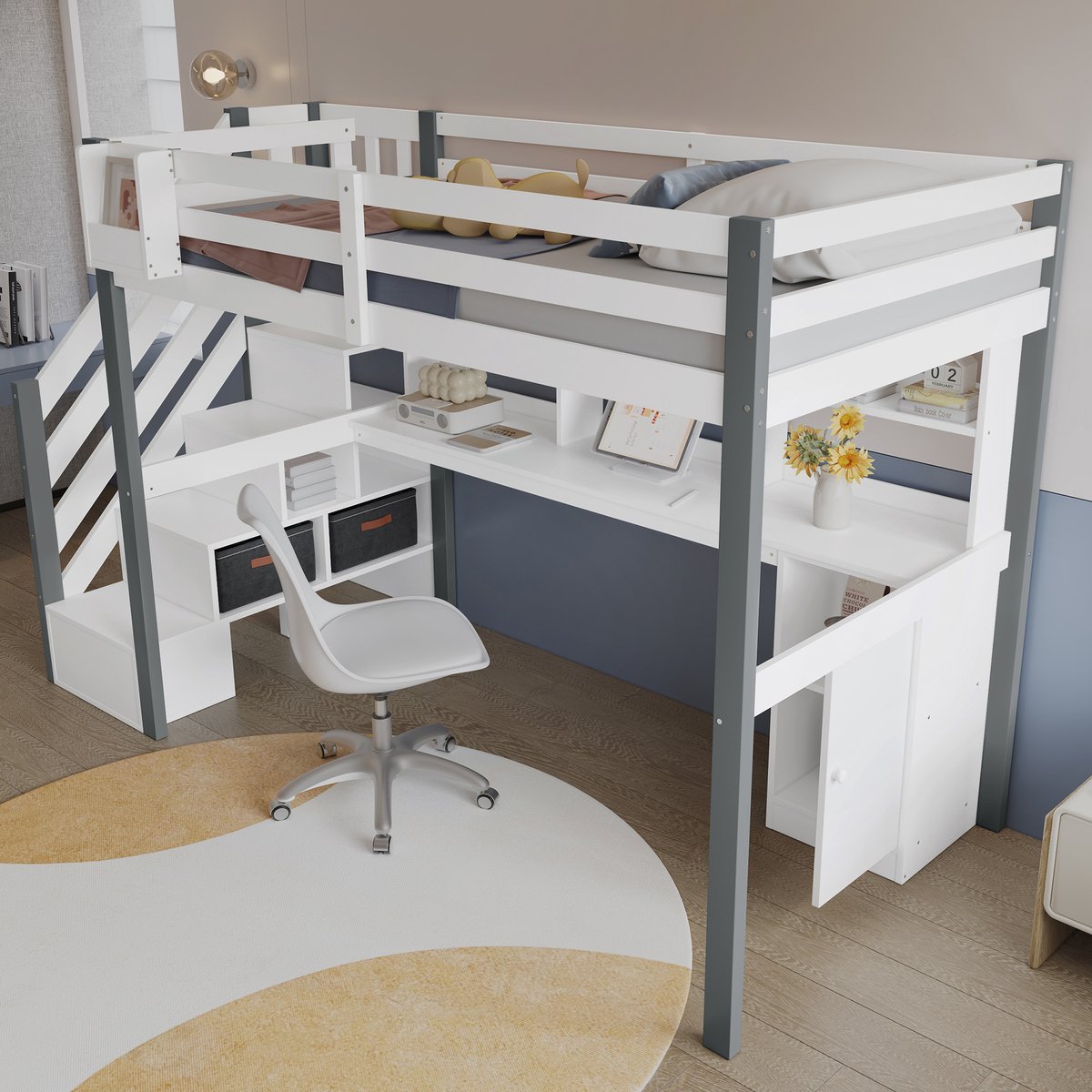 OKWISH Halfhoog Bed 90x200 Cm – Met Bureau En Boekenkast – Met Opbergtrap En Stoffen Boxen – Kinderkamer – Hout En MDF – Zonder Matras – Wit En Grijs