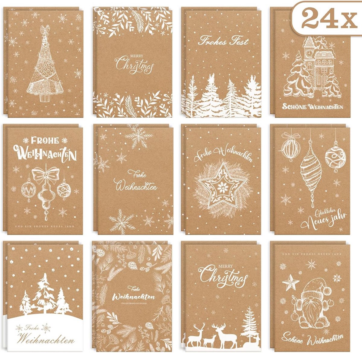 Set van 24 Kerstkaarten met Diverse Kerstmotieven en Postkaarten