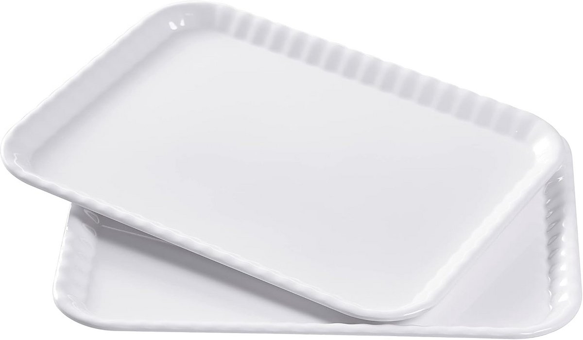 Set van 2 Rechthoekige Serveerschalen - 38x28 cm - Wit Melamine - Lichtgewicht & Stapelbaar