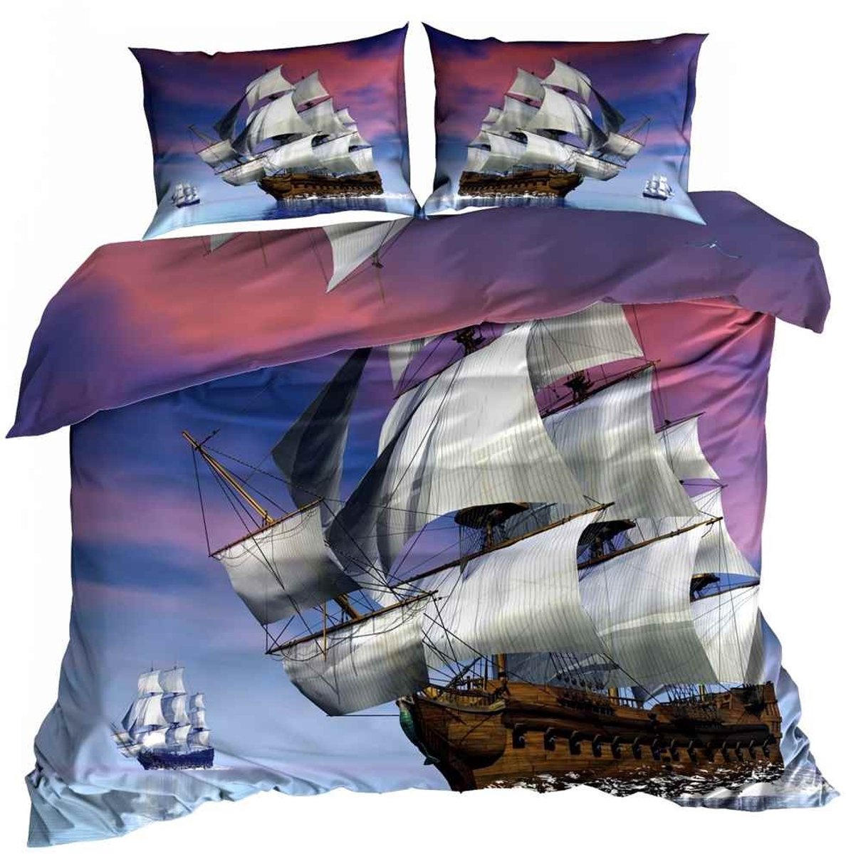 Luxe 3D Dekbedovertrekset - Katoen Satijn - 200x220 cm - Inclusief 2 Kussenslopen 70x80 cm - Design: Klassiek Zeilschip op Zee - Maritiem Thema - Blauw