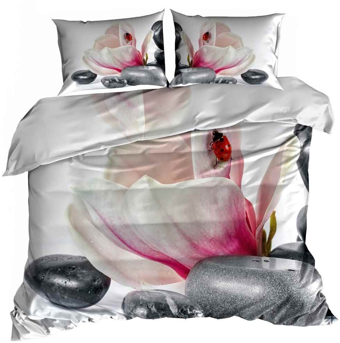 Luxe 3D Dekbedovertrekset - Katoen Satijn - 160x200 cm - Inclusief 2 Kussenslopen 70x80 cm - Design: SPA Bloem & Zen Stenen - Wellness & Ontspanning