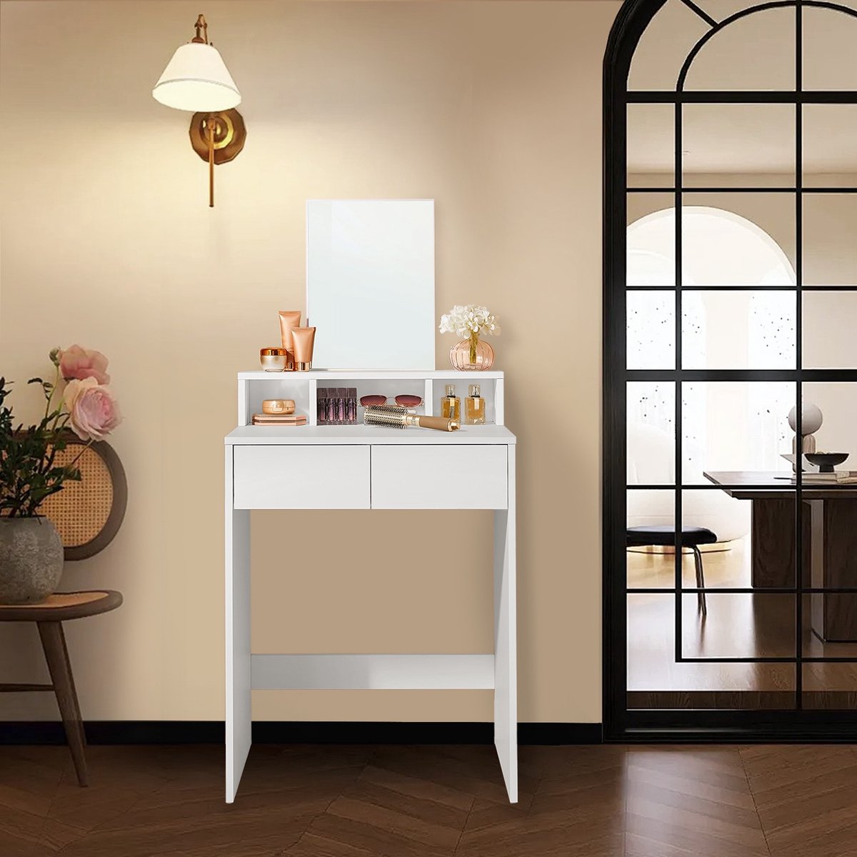 Kaptafel – Hout – Wolkenwit – Modern design met grote spiegel en opbergvakken