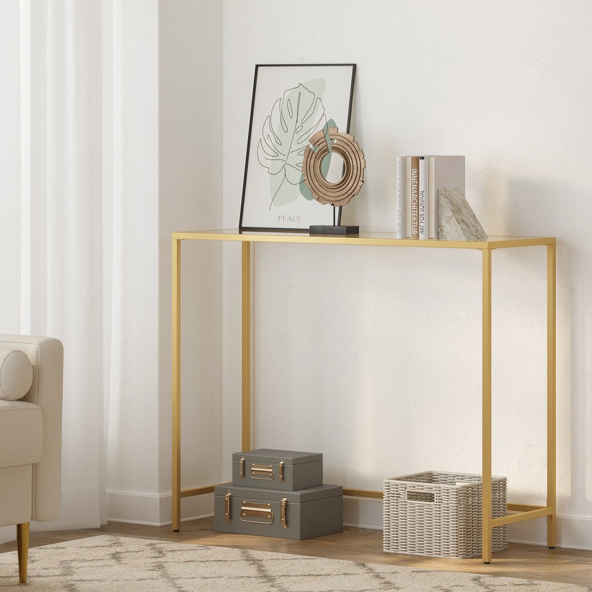 Moderne consoletafel – Gehard glas – Goud – Stevig metalen frame met verstelbare poten