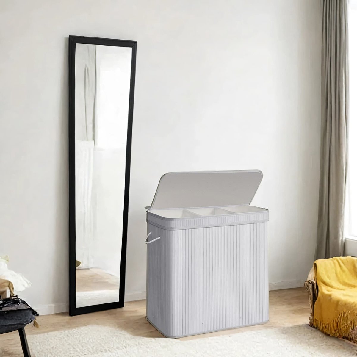 Bamboe wasmand – Grijs – 100 liter – Deksel en afneembaar, machinewasbaar, met handvatten