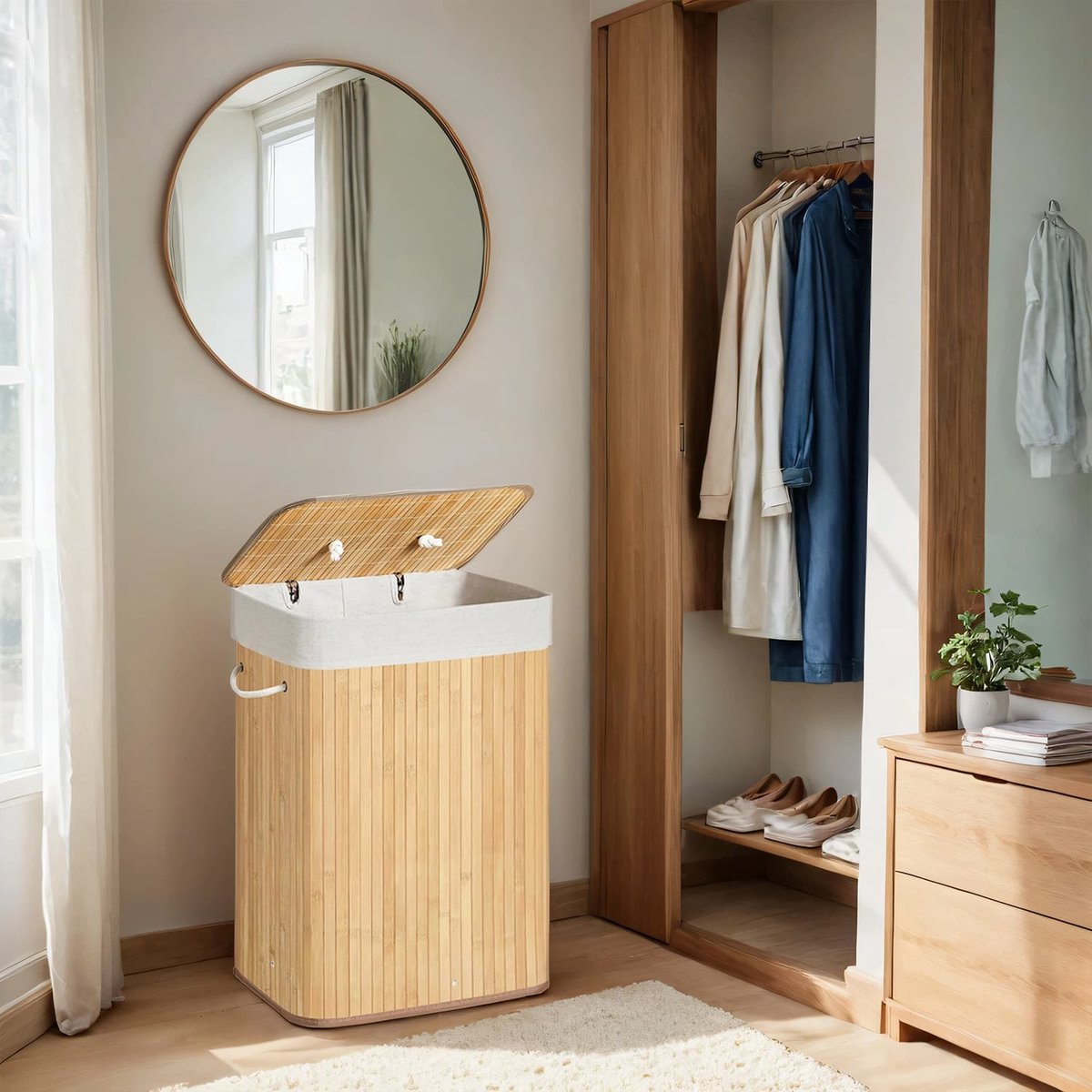 Opvouwbare wasmand – Bamboe – Natuurlijk – Inhoud 72 liter met deksel en 3 handgrepen