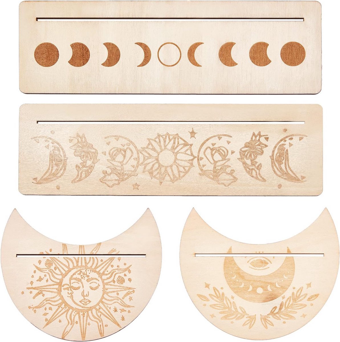 4x Houten Tarot Kaarthouder Altaar Standaard - Maanfase en Zon Bloem Design