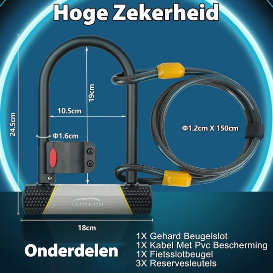 Diefstalbeveiliging fietsslot 180 x 320 mm U-slot - Fietsen + 1500 mm kabel - Houder racefiets mountainbike fiets van Oxford — afbeelding 5