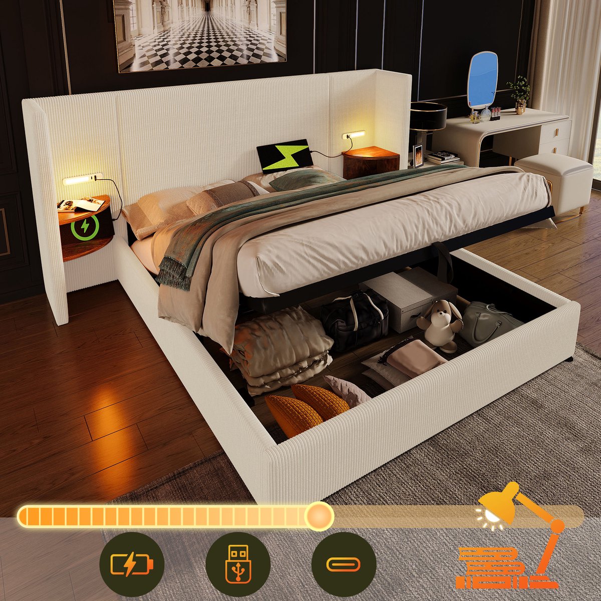 Gestoffeerd Tweepersoonsbed - 160x200 - LED + USB-C + Nachttisch + Leeslamp - Hydraulisch 