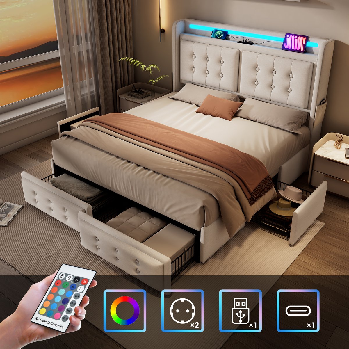 Gestoffeerd Tweepersoonsbed - 180x200 - LED Hoofdeinde + USB-C Opladen + 4 Lade - Opbergbed - Houten Latten + Metaal Frame - Beige