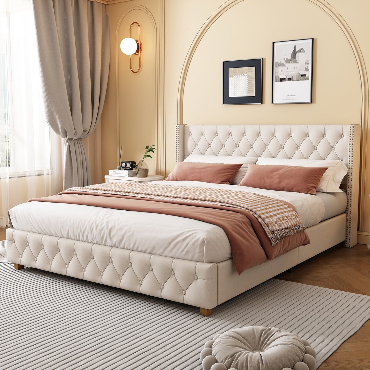 Gestoffeerd bed - 140x190 cm - Gecapitonneerd met Knoppen en Nieten - Houten Poten - Linne